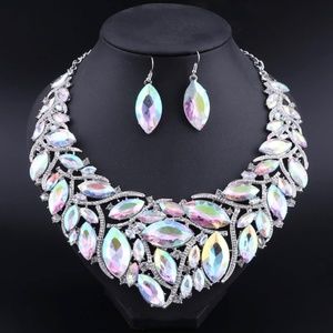 ICE FIRE RHINESTONE WOMEN BRIDAL CRYSTAL STATEMENT NECKLACE EARRING JEWELRY SET